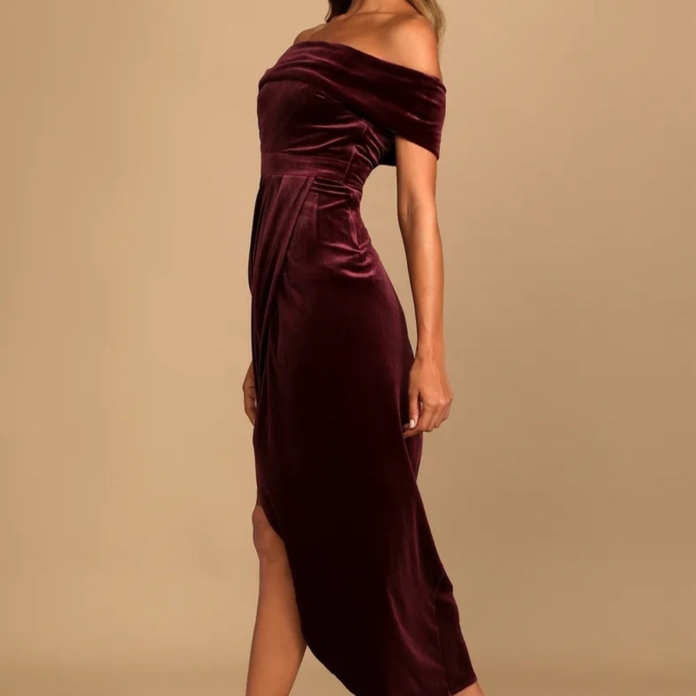 Lulus I'm Enchanted Burgundy Velvet Off-the-Shoulder Maxi Dress XL - Picture 2 of 5
